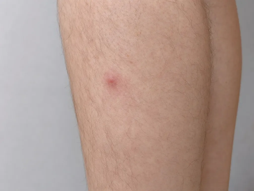 AI-generated adult lower leg with one isolated mild bite-like raised bump