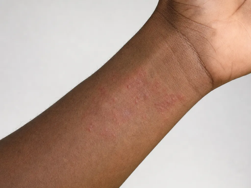 AI-generated adult wrist with a mild patchy irritated rash and small raised spots