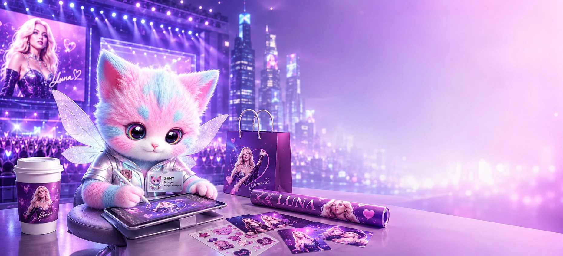 Idol support kit hero visual with concert banners, fan merch, and social assets