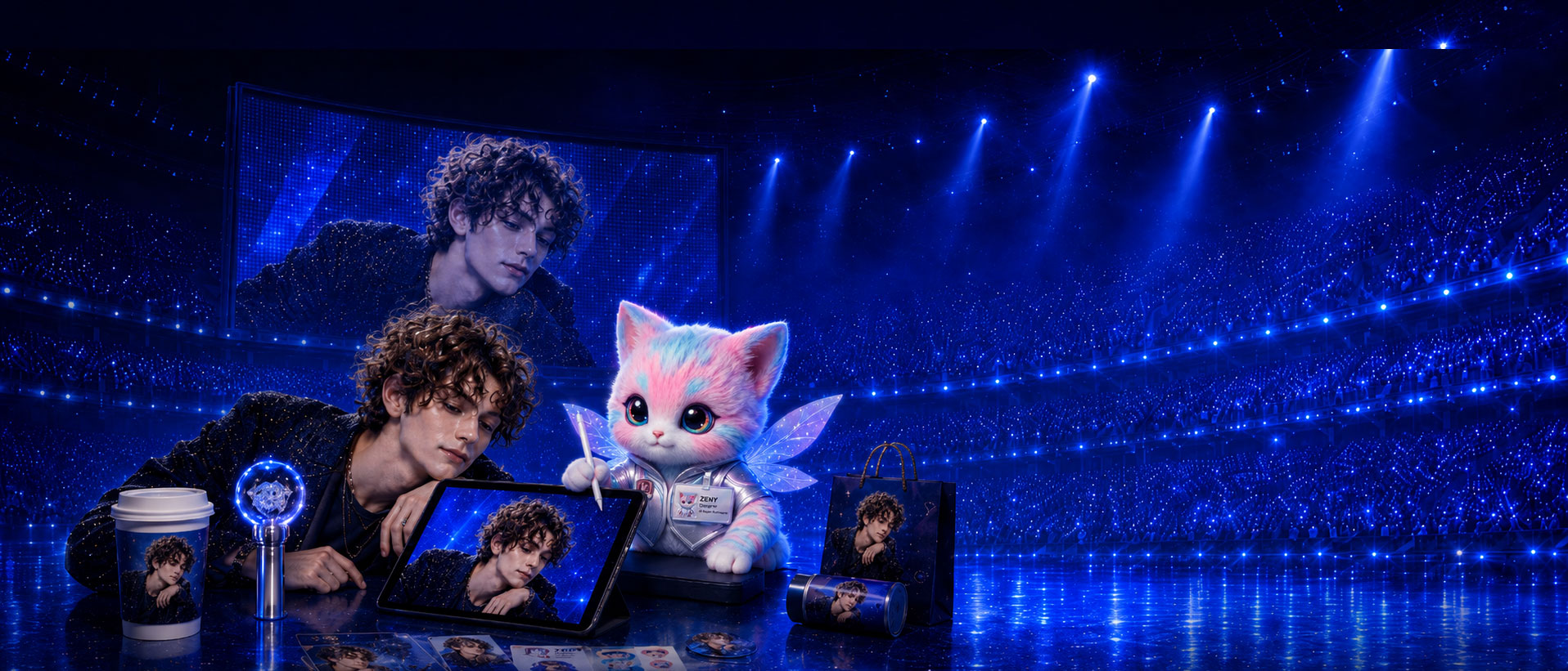 Hero-Visual eines Idol-Support-Kits mit Konzertbannern, Fan-Merch und Social Assets